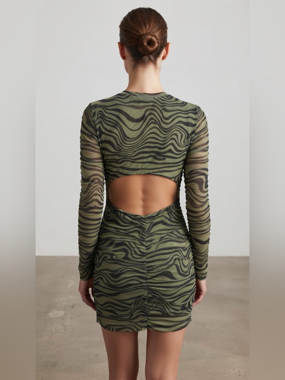 Princess Polly Green Zebra Wavy Mesh Ruched Cutout Back Mini Dress size 12